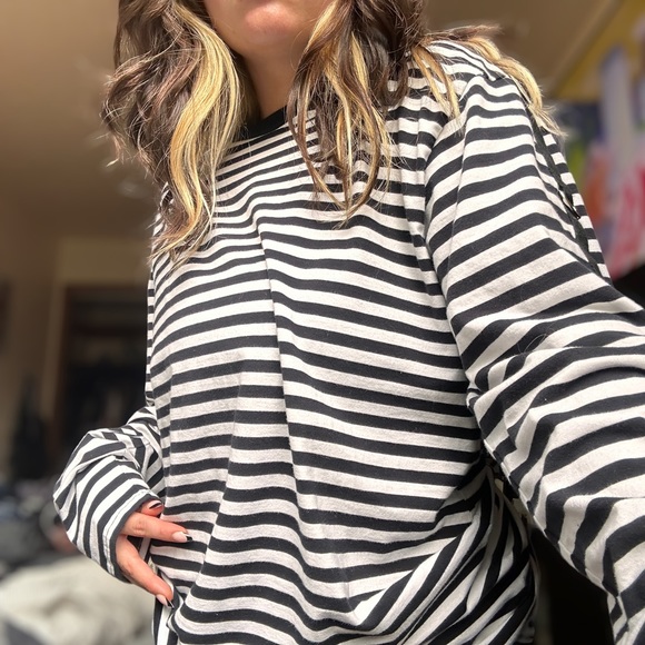 black and white current mood striped shirt punk long sleeve with metal clasps - Picture 4 of 5